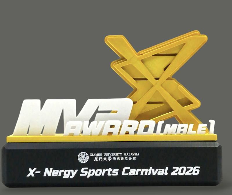 Yellow and white 3D printed custom trophy for X-Nergy Sports Carnival 2026